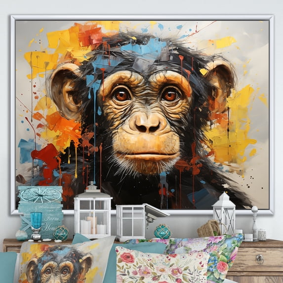 Designart "Yellow Teal Monkey Mischievous Monkey composition" Animals Floater Framed Canvas Print