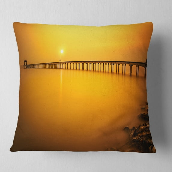 Designart Yellow Tinged Seashore and Long Pier - Pier Seascape Throw Pillow - 16x16