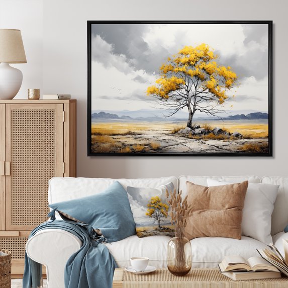 Designart "Yellow Tree Silent Landscape" Floral Floater Framed Wall Decor