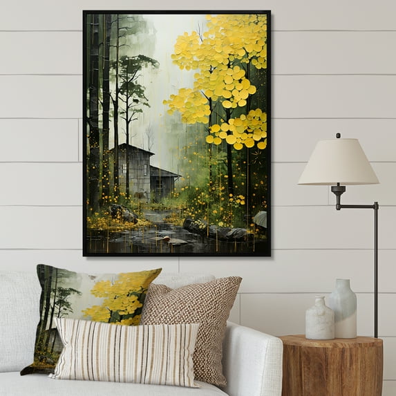 Designart "Yellow Trees Verdant Canopy Collage" Cottage Floater Framed Wall Decor