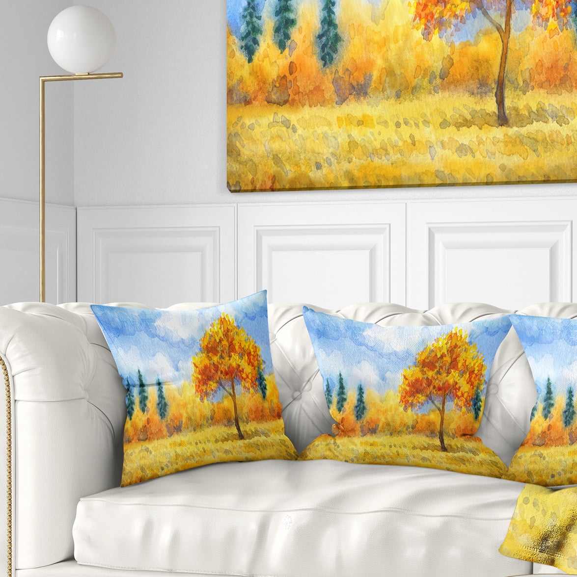 Designart Yellow Trees - Watercolor Painting Landscape Printed Throw Pillow - 18x18