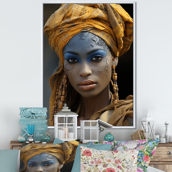 Designart "Yellow Tuareg Melodies Portrait" People Framed Wall Art - Global Yellow African Tribal Bedroom Framed Canvas Wall Art