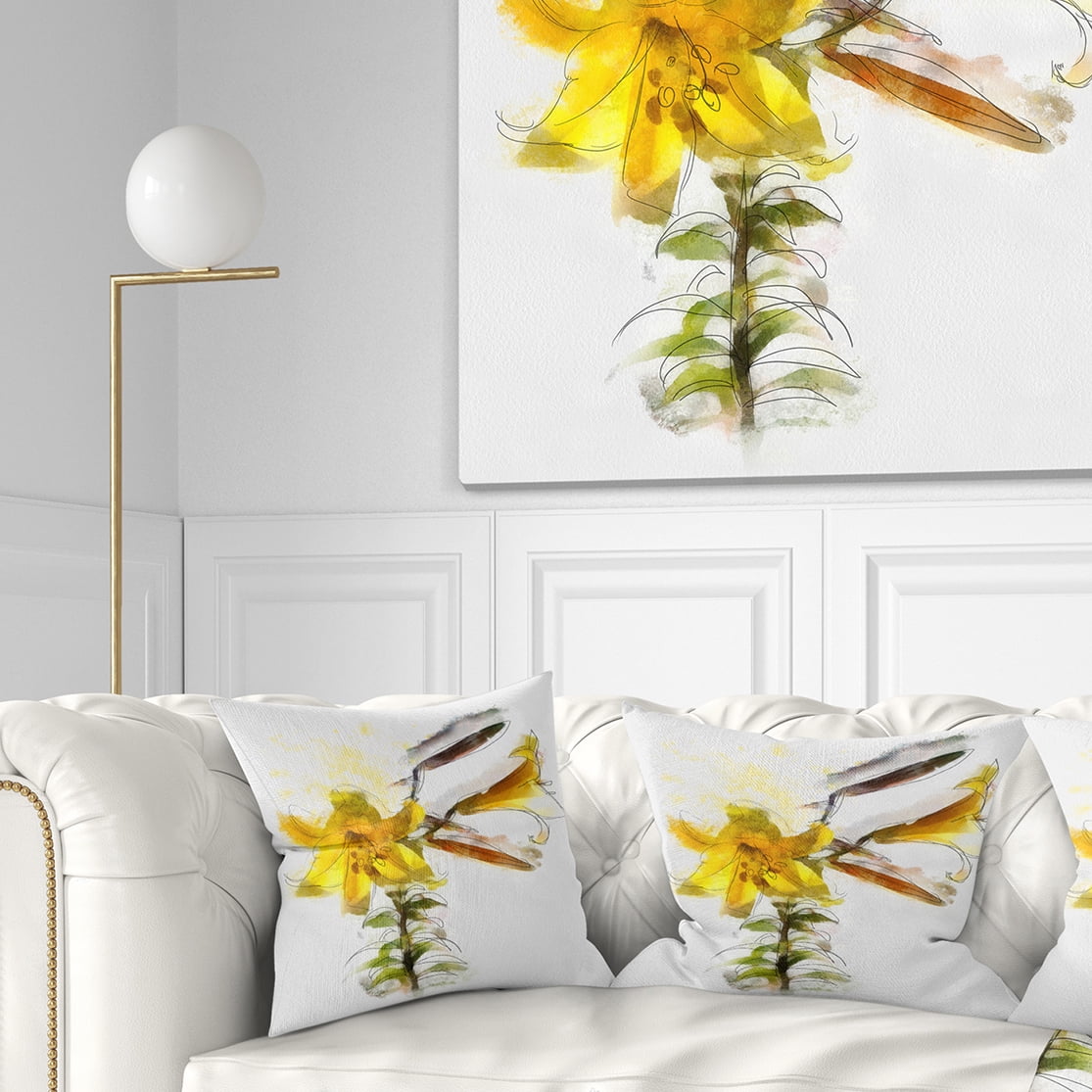 Designart Yellow Tulip Stem with Leaves - Floral Throw Pillow - 16x16