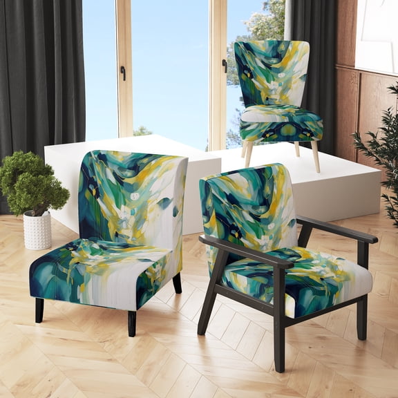 Designart "Yellow and Turquoise Order In Complexity I" Upholstered Abstract Shapes Accent Chair and Modern & Contemporary Arm Chair - Multiple Color & Pattern