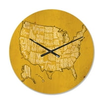 Designart 'Yellow Vintage Map Of United States IV' Modern Wood Wall Clock
