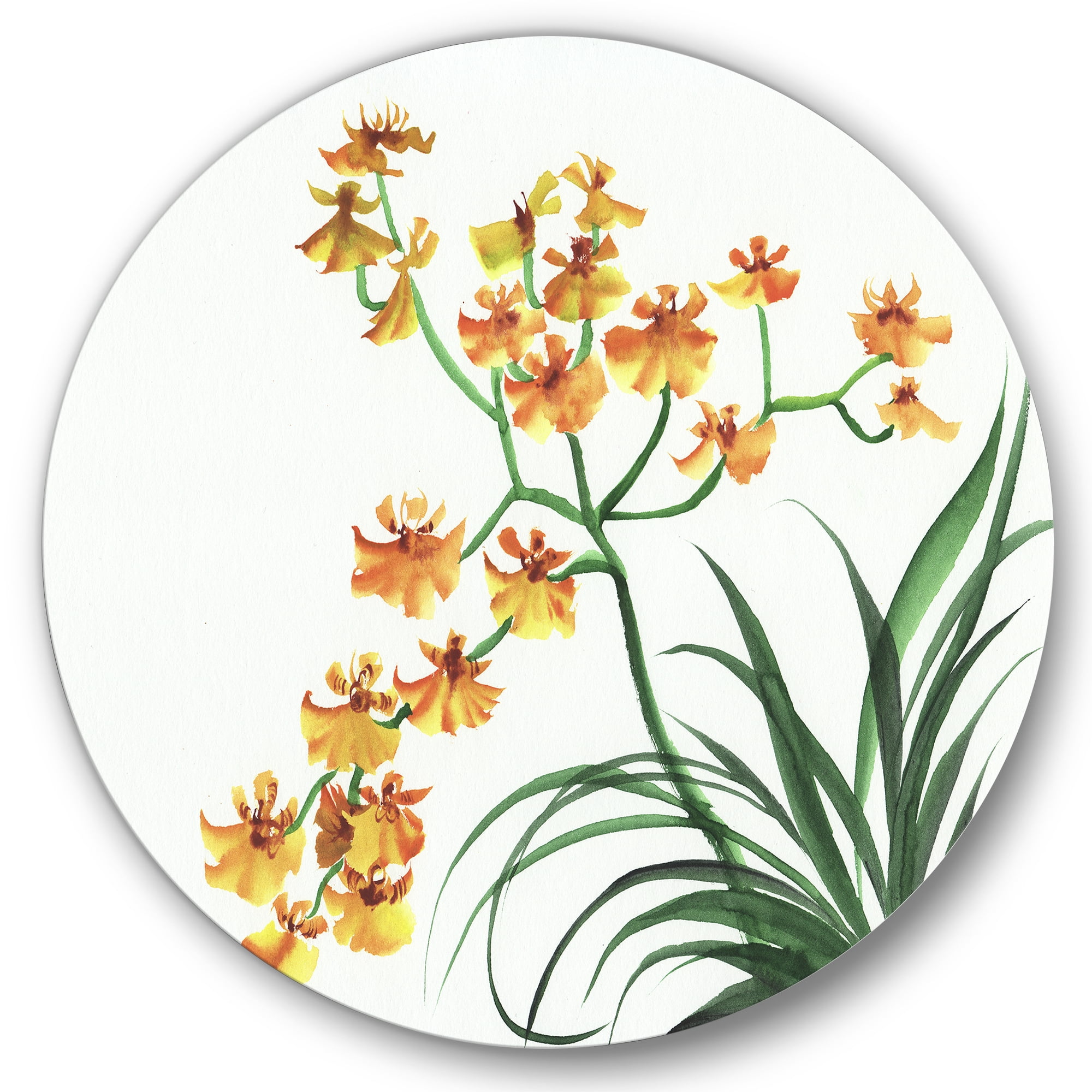 Designart 'Yellow Vintage Orchids On White' Traditional Circle Metal Wall Art 29x29 - Disc of 29