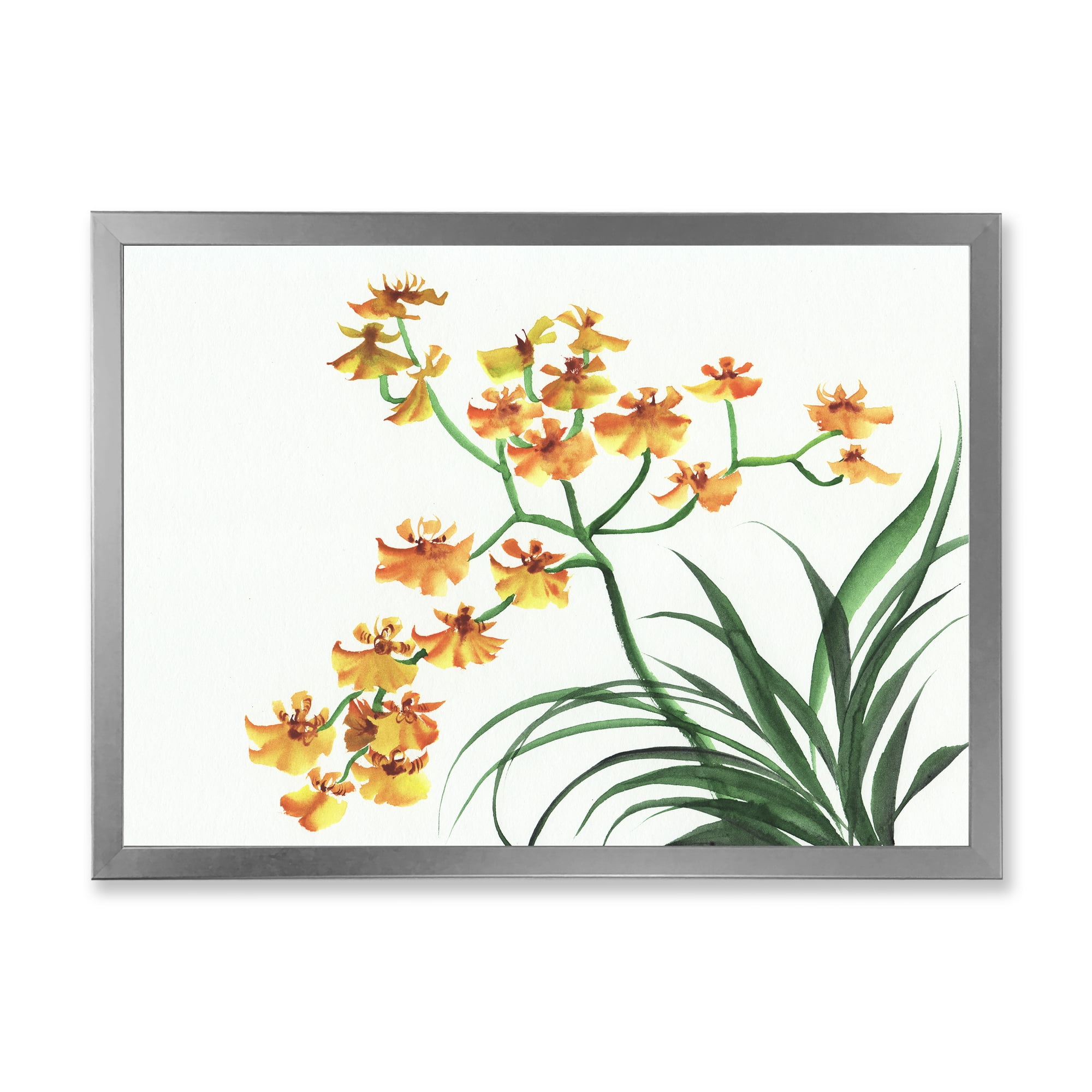 Designart 'Yellow Vintage Orchids On White' Traditional Framed Art Print