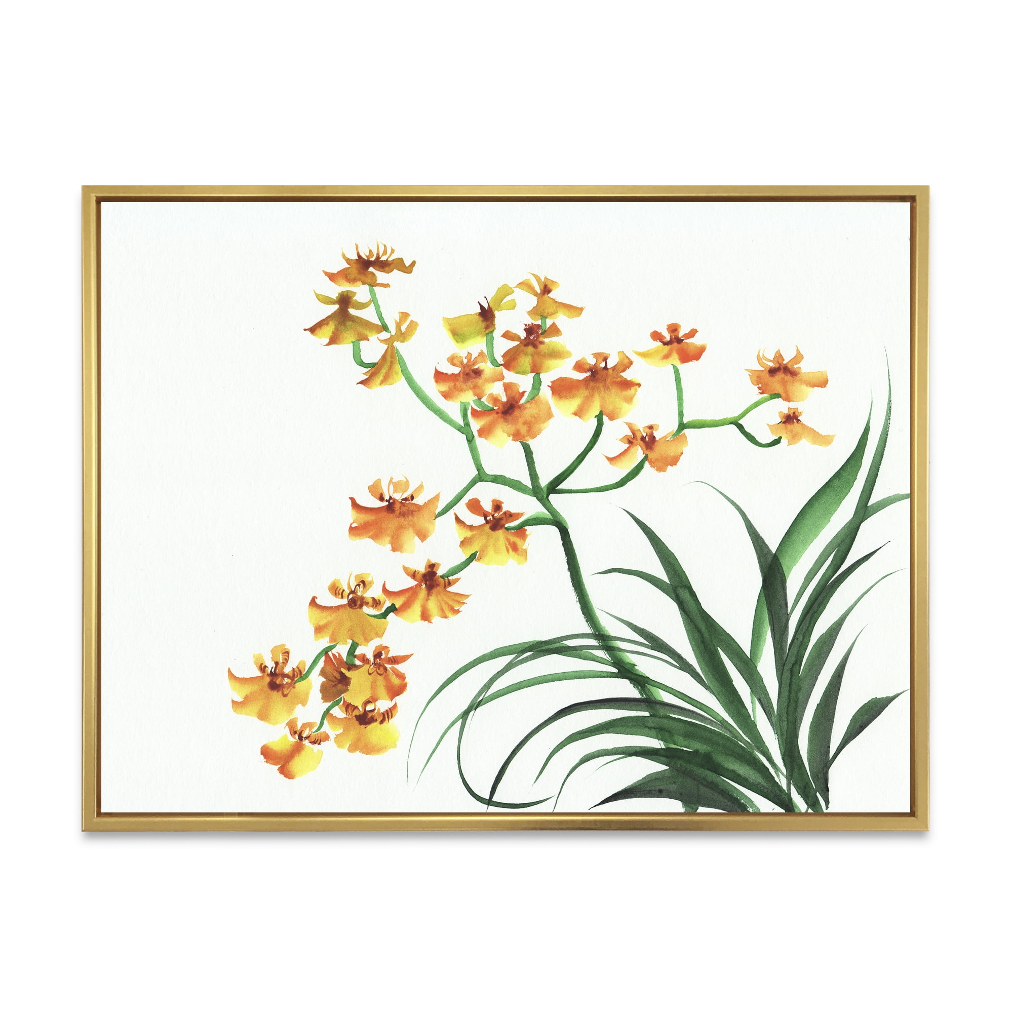 Designart 'Yellow Vintage Orchids On White' Traditional Framed Canvas Wall Art Print