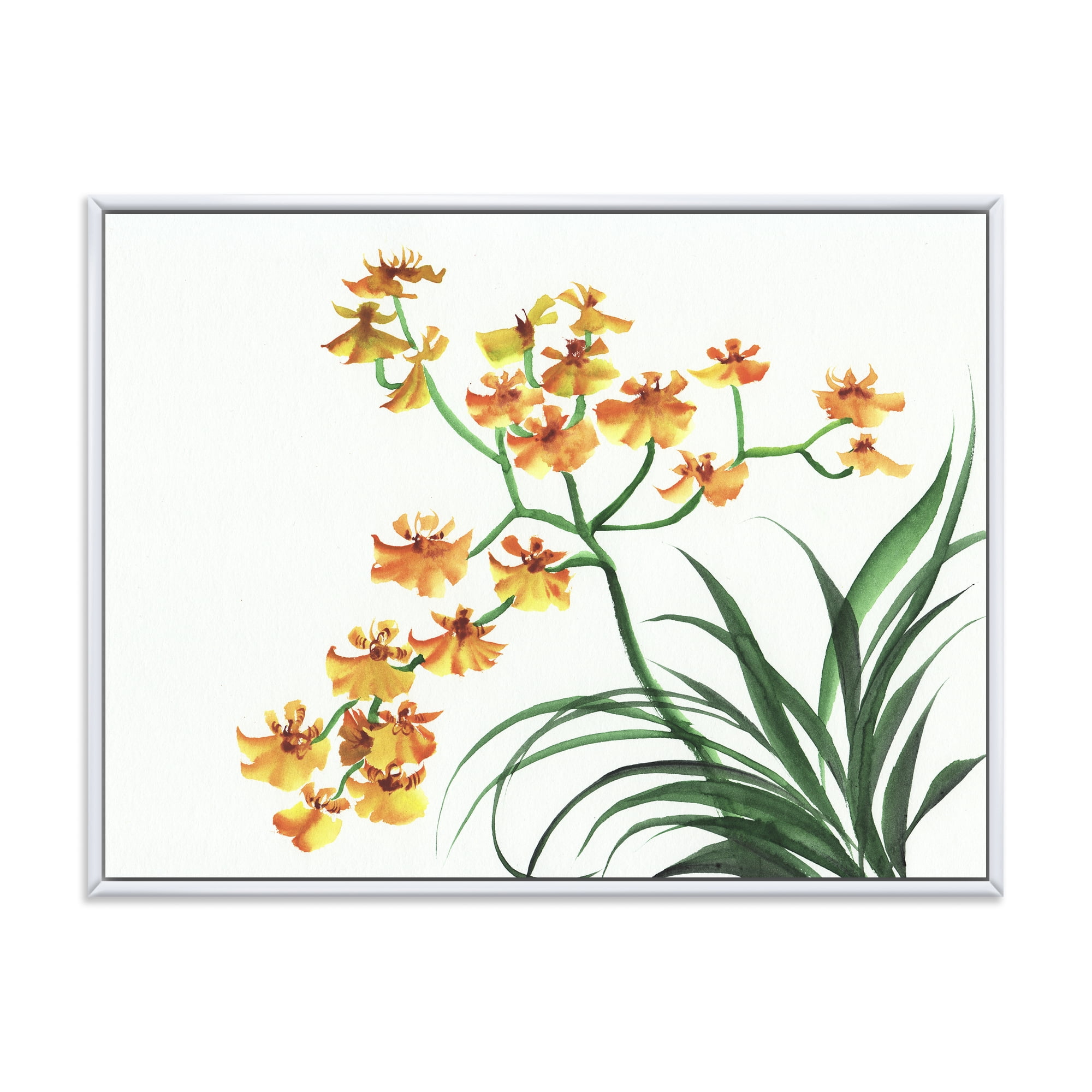 Designart 'Yellow Vintage Orchids On White' Traditional Framed Canvas Wall Art Print