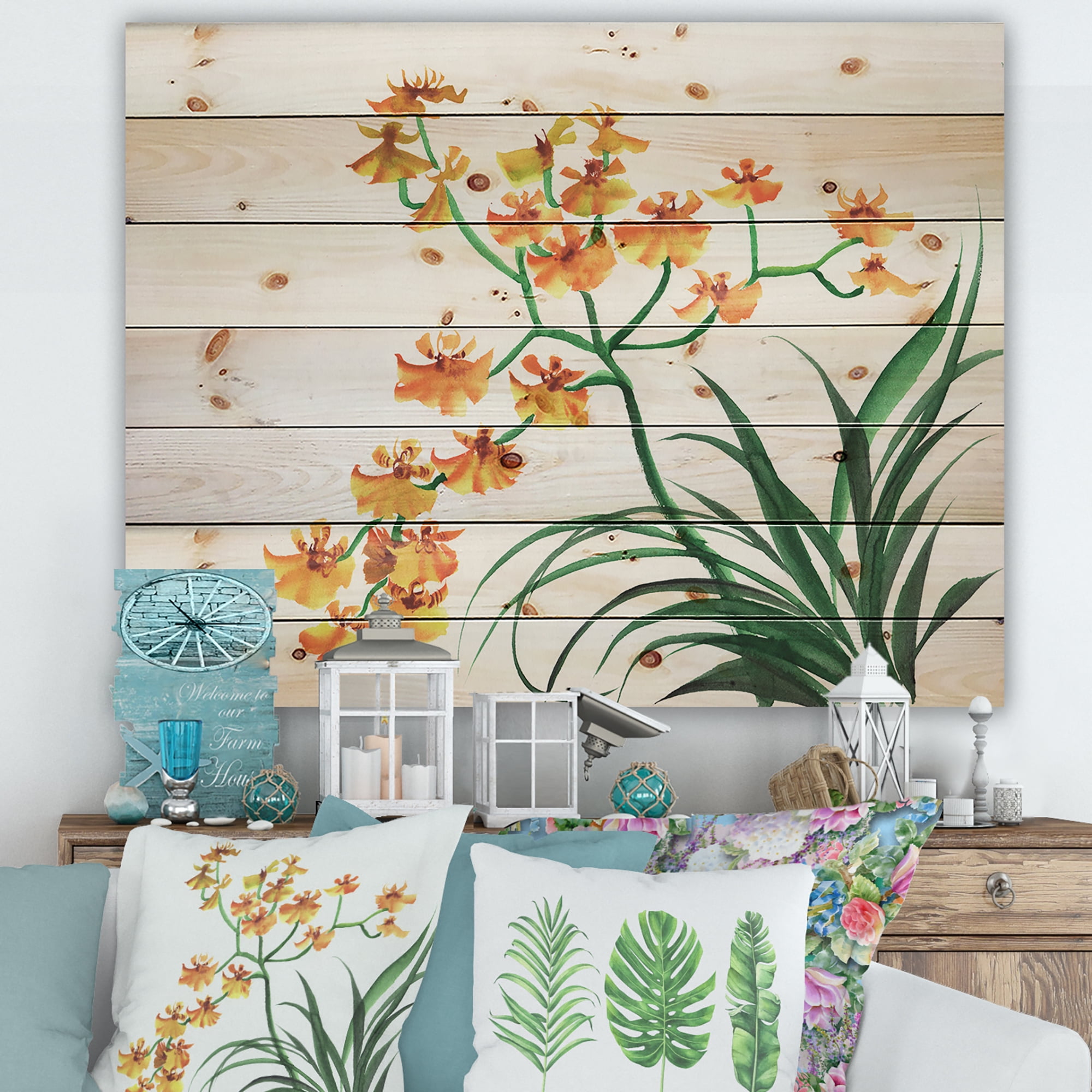 Designart 'Yellow Vintage Orchids On White' Traditional Print on Natural Pine Wood