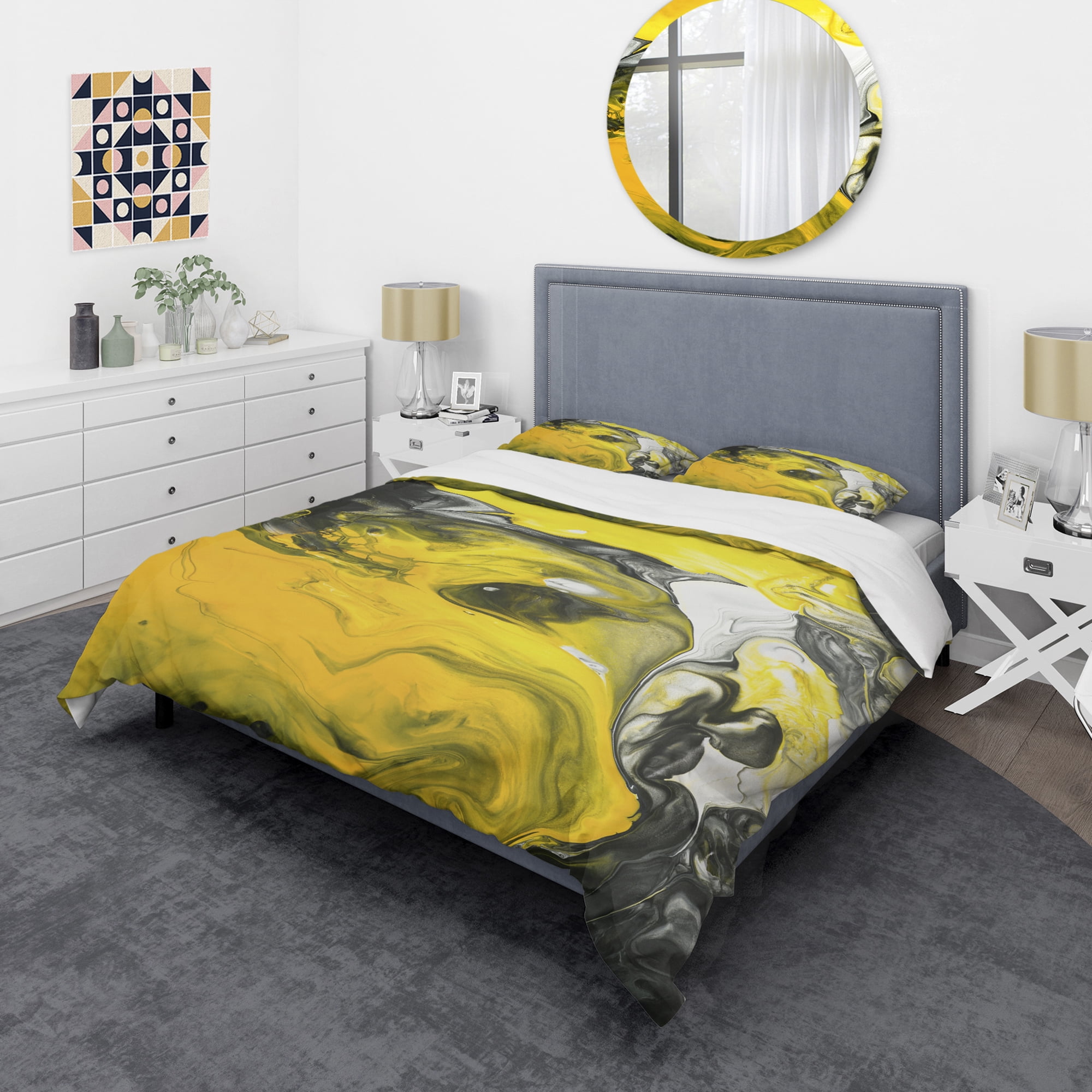 Designart 'Yellow, White and Black Hand Painted Marbled Acrylic' Modern & Contemporary Duvet Cover Set