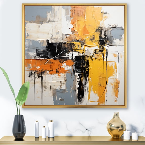 Designart "Yellow and Black Abstract Arrangement II" Abstract Framed Wall Art - Transitional Yellow Abstract Collages Living Room Framed Canvas Art