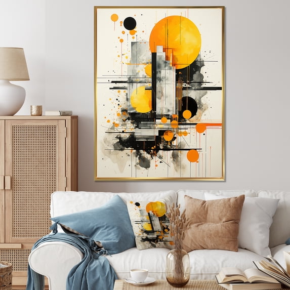 Designart "Yellow and Black Geometric Radiance Collage II" Abstract Framed Wall Art - Modern Yellow Abstract Collages Entryway Framed Wall Art Print
