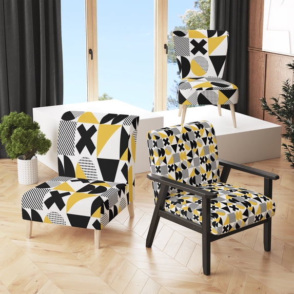 Designart "Yellow and Black Geometric" Upholstered Patterned Accent Chair and Arm Chair