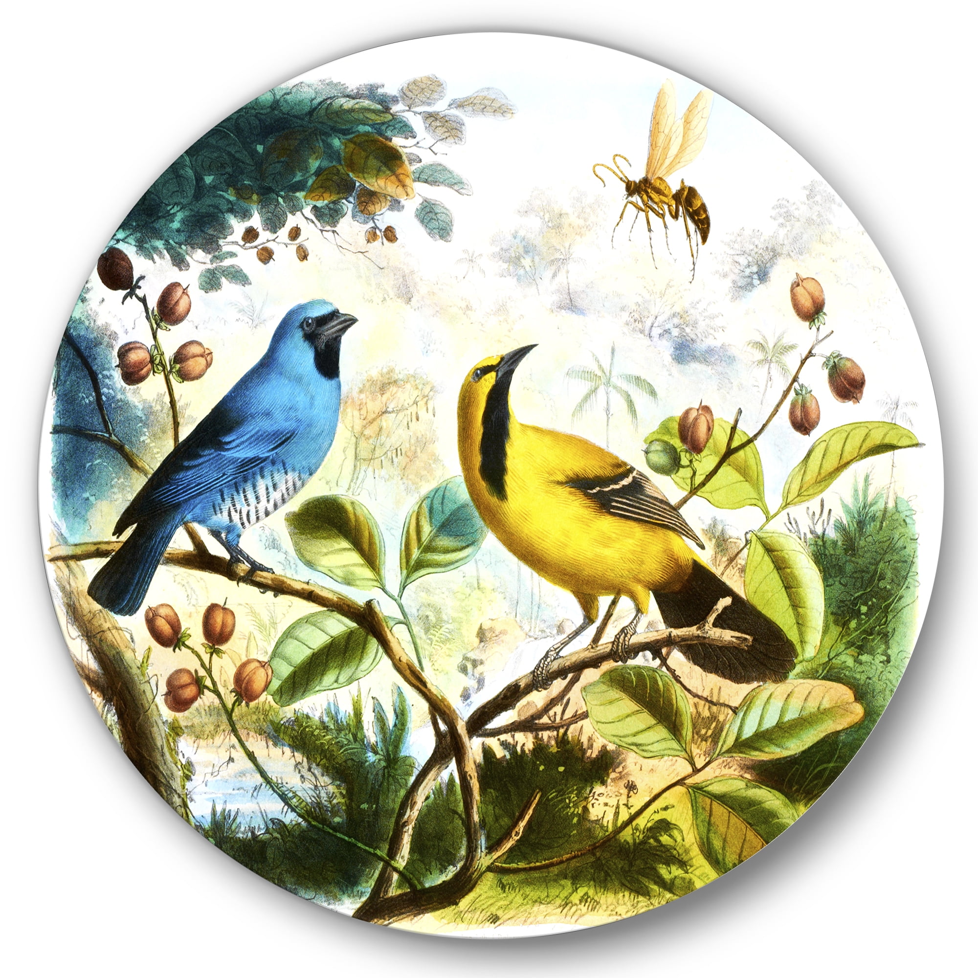 Designart 'Yellow and Blue Bird In The Wild' Traditional Circle Metal Wall Art 11x11 - Disc of 11