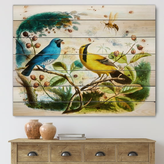 Designart 'Yellow and Blue Bird In The Wild' Traditional Print on Natural Pine Wood