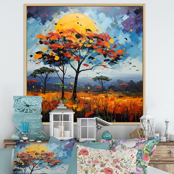 Designart "Yellow and Blue Fauvist African Wilderness" Floral Framed Wall Art - Global Yellow Tree African Entryway Framed Wall Art