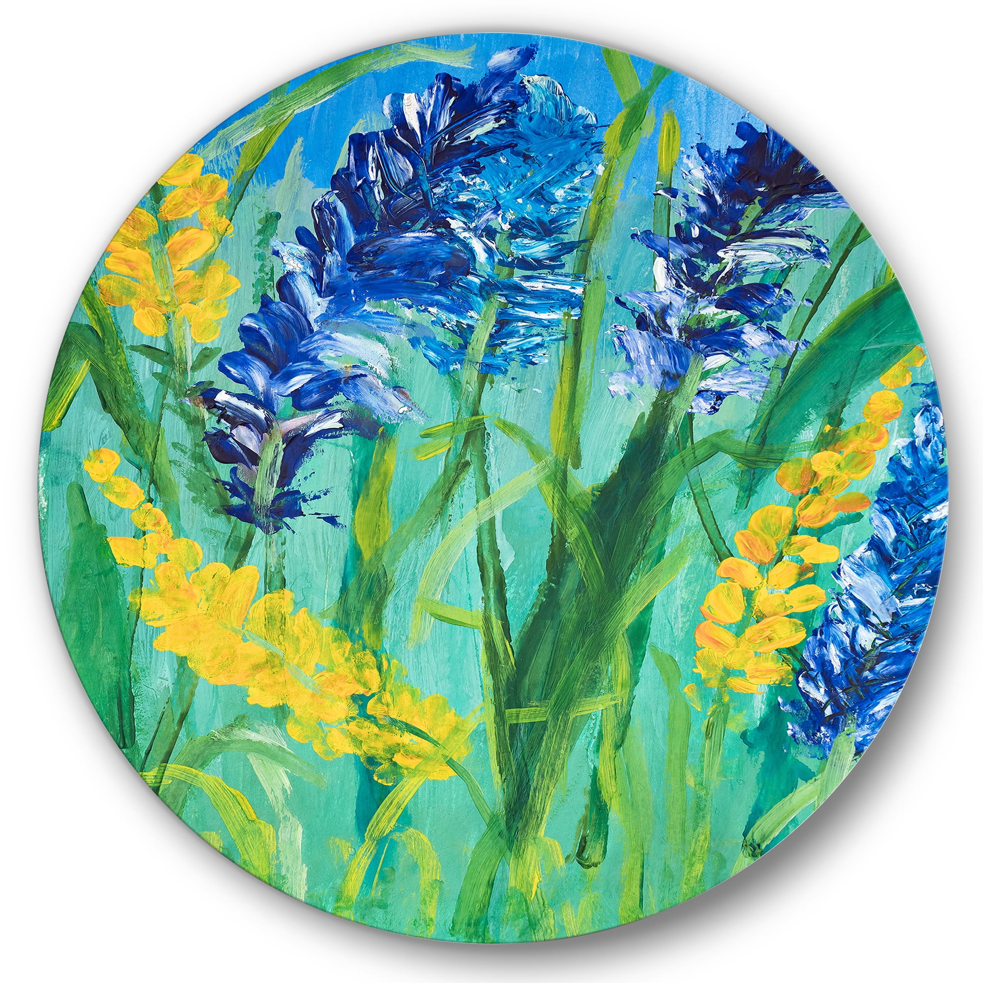 Designart 'Yellow and Blue Wild Flowers and Grass Gouache' Traditional Circle Metal Wall Art 29x29 - Disc of 29