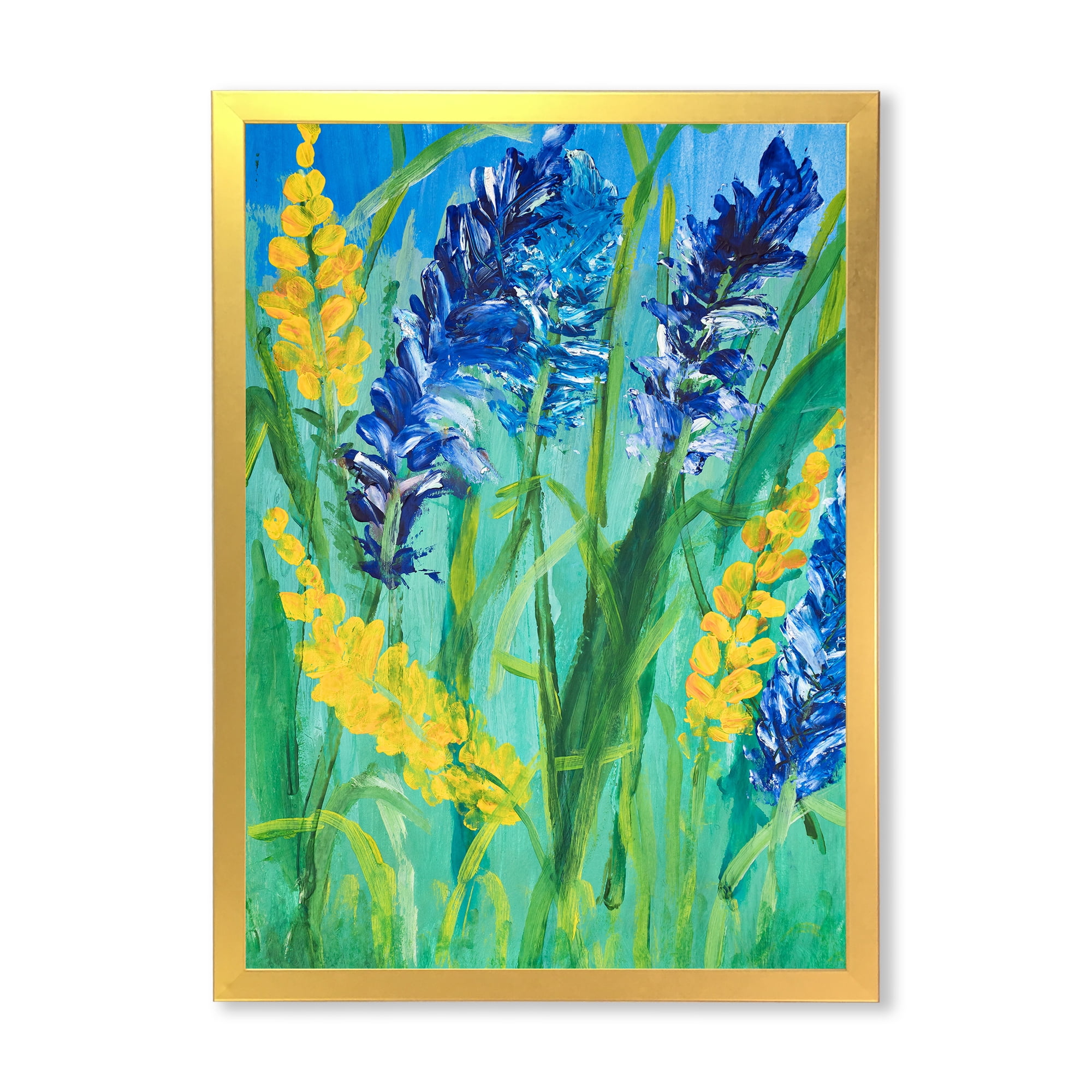 Designart 'Yellow and Blue Wild Flowers and Grass Gouache' Traditional Framed Art Print