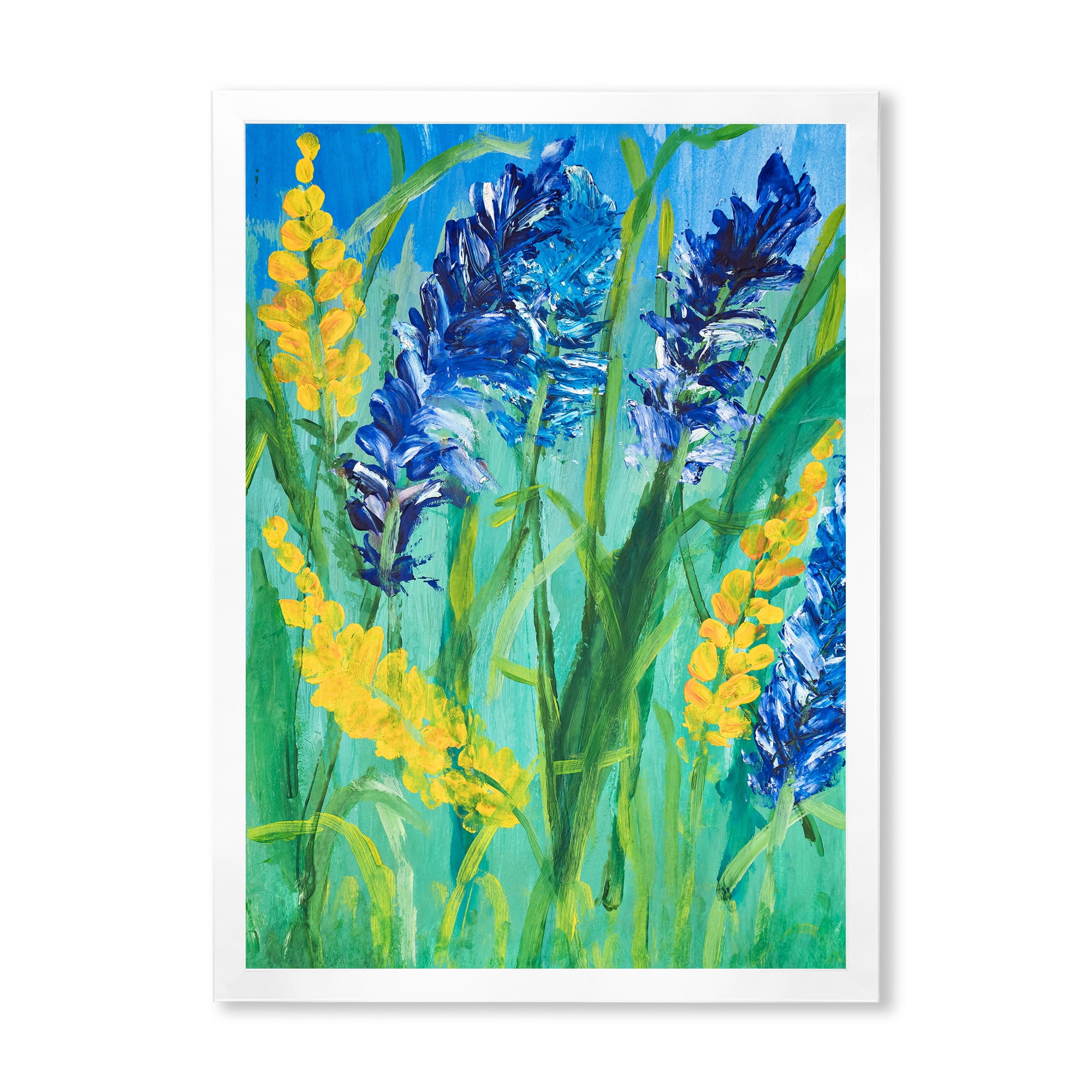 Designart 'Yellow and Blue Wild Flowers and Grass Gouache' Traditional Framed Art Print