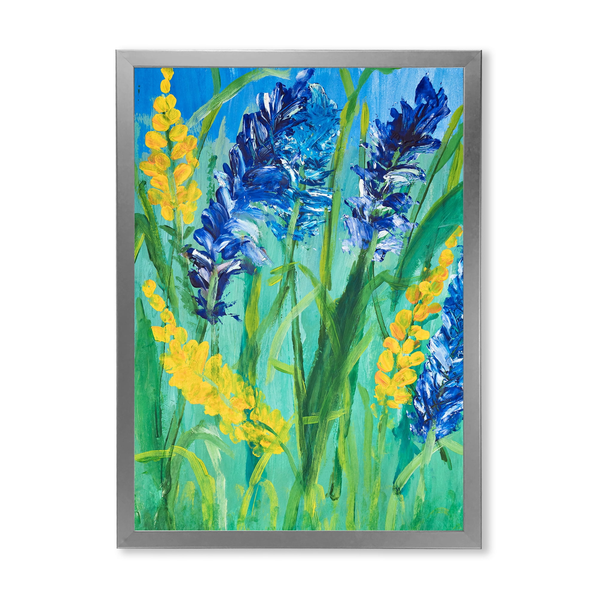 Designart 'Yellow and Blue Wild Flowers and Grass Gouache' Traditional Framed Art Print