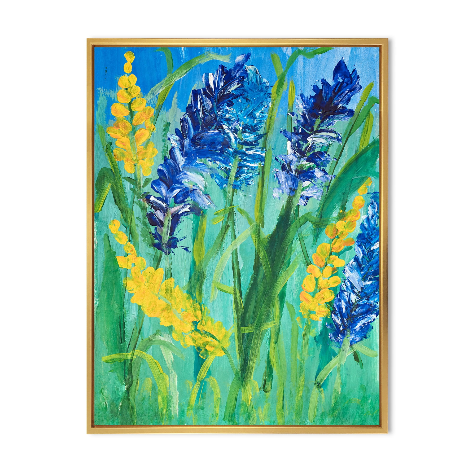 Designart 'Yellow and Blue Wild Flowers and Grass Gouache' Traditional Framed Canvas Wall Art Print