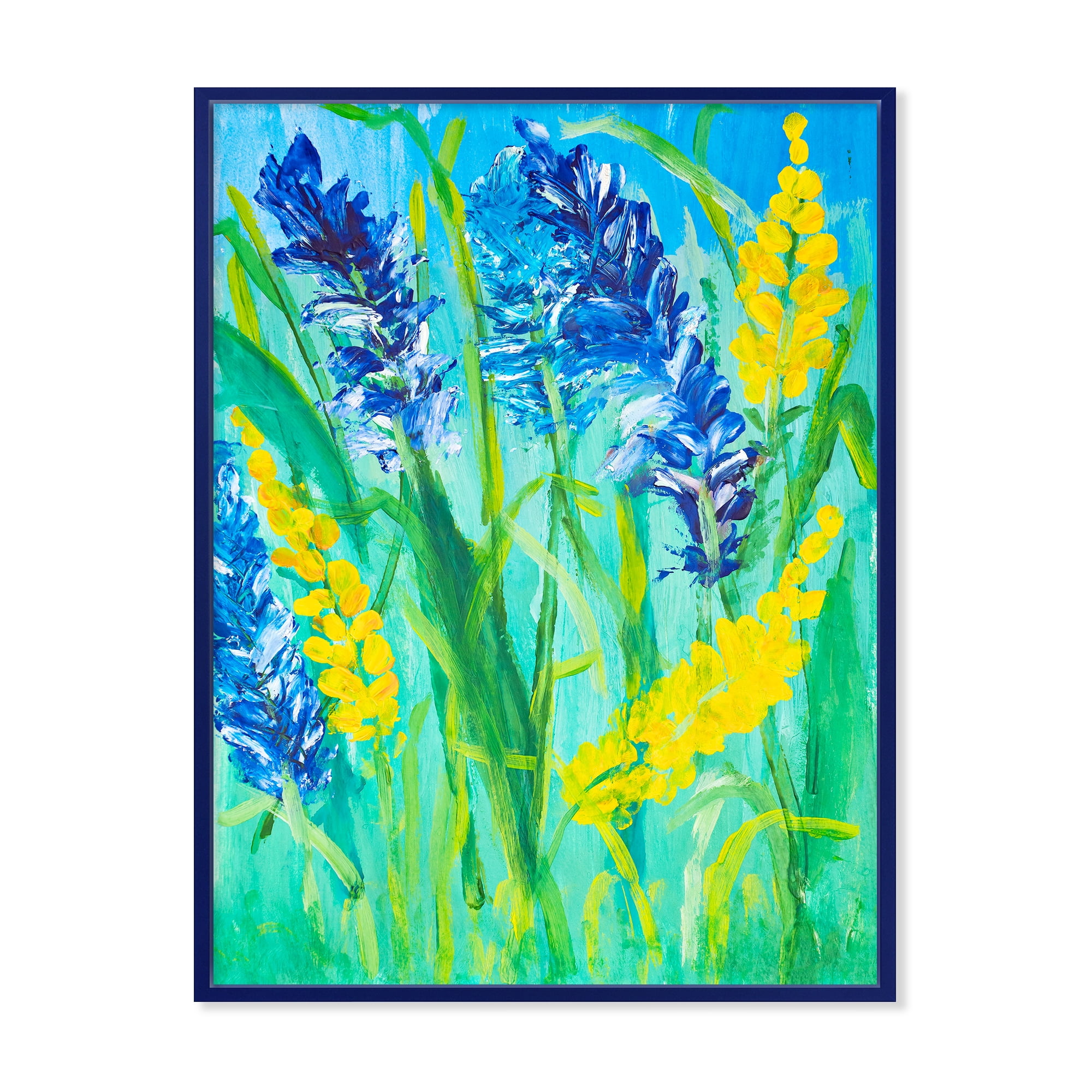 Designart 'Yellow and Blue Wild Flowers and Grass Gouache' Traditional Framed Canvas Wall Art Print