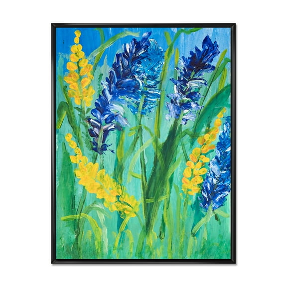 Designart 'Yellow and Blue Wild Flowers and Grass Gouache' Traditional Framed Canvas Wall Art Print