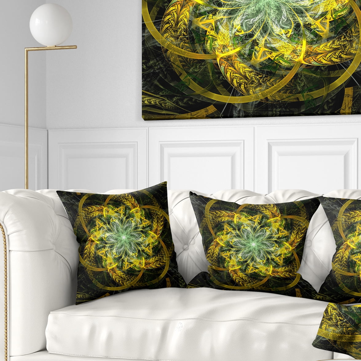 Designart Yellow and Green Fractal Flower - Abstract Throw Pillow - 16x16