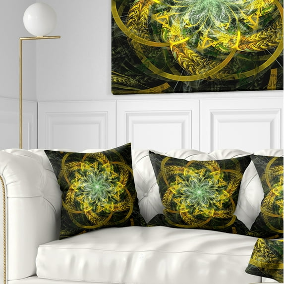 Designart Yellow and Green Fractal Flower - Abstract Throw Pillow - 16x16
