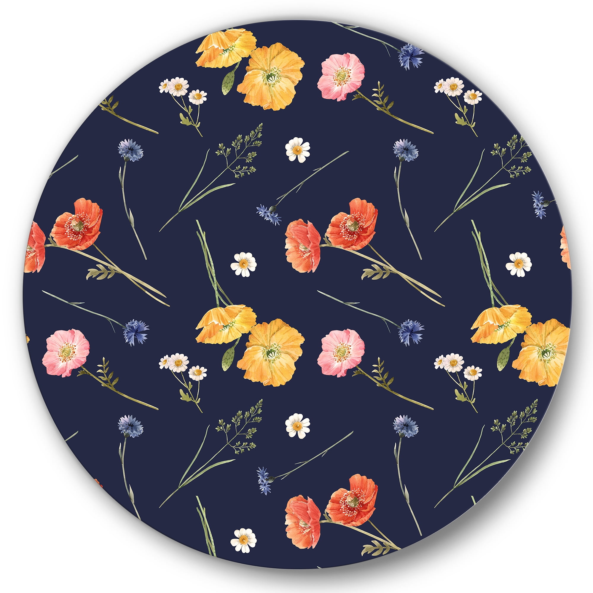 Designart 'Yellow and Orange Wild Flowers On Dark Blue' Traditional Circle Metal Wall Art 11x11 - Disc of 11