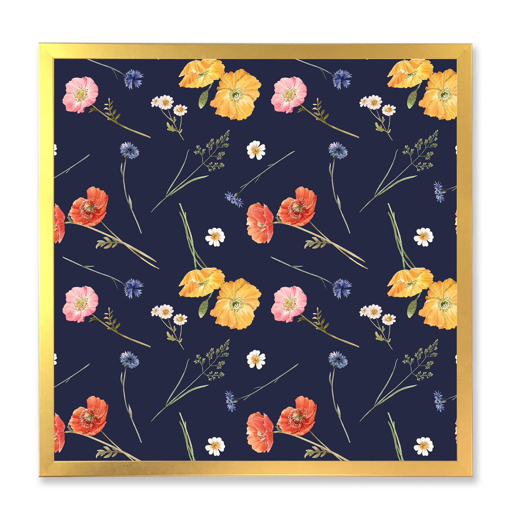 Designart 'Yellow and Orange Wild Flowers On Dark Blue' Traditional Framed Art Print