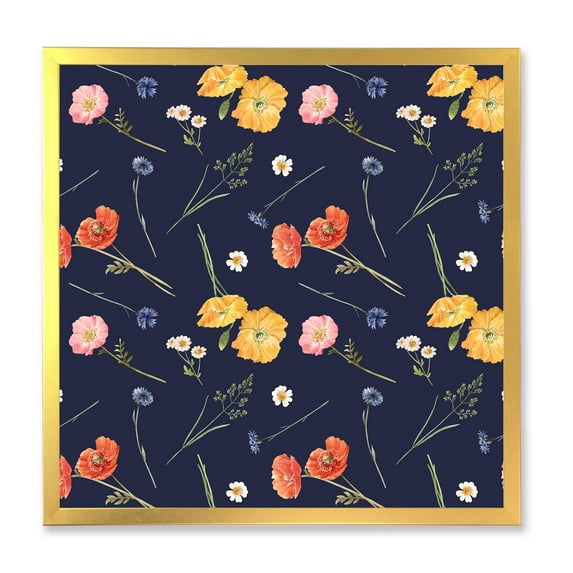 Designart 'Yellow and Orange Wild Flowers On Dark Blue' Traditional Framed Art Print