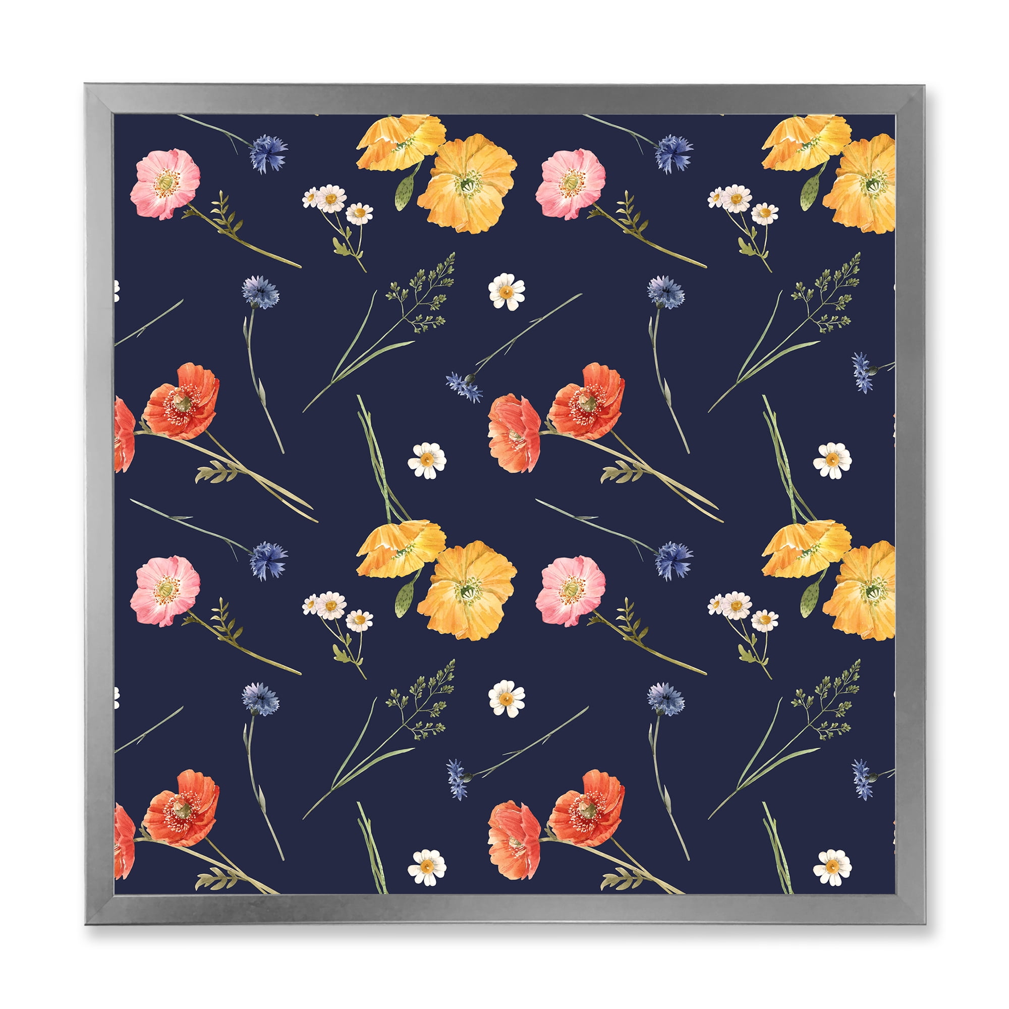 Designart 'Yellow and Orange Wild Flowers On Dark Blue' Traditional Framed Art Print