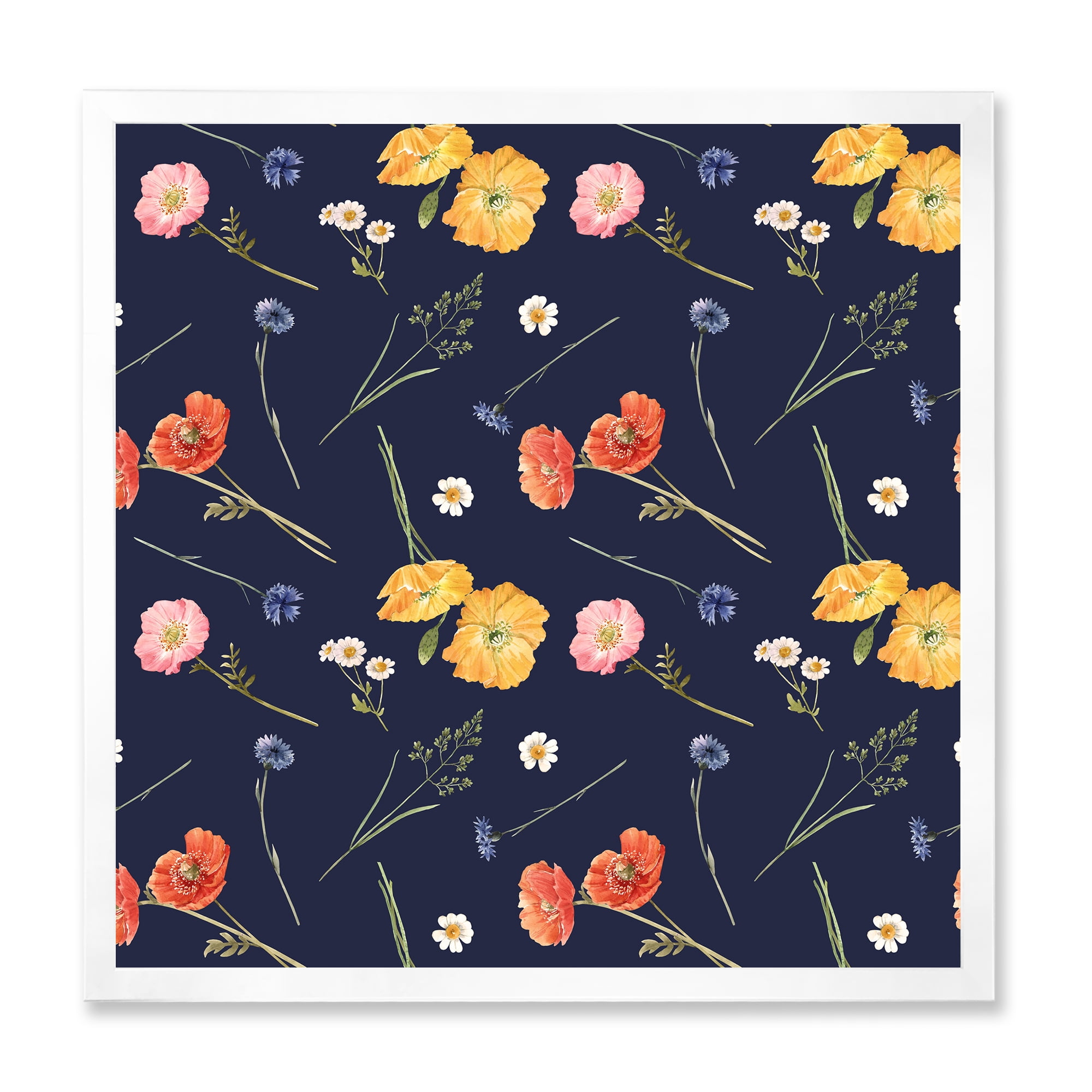 Designart 'Yellow and Orange Wild Flowers On Dark Blue' Traditional Framed Art Print