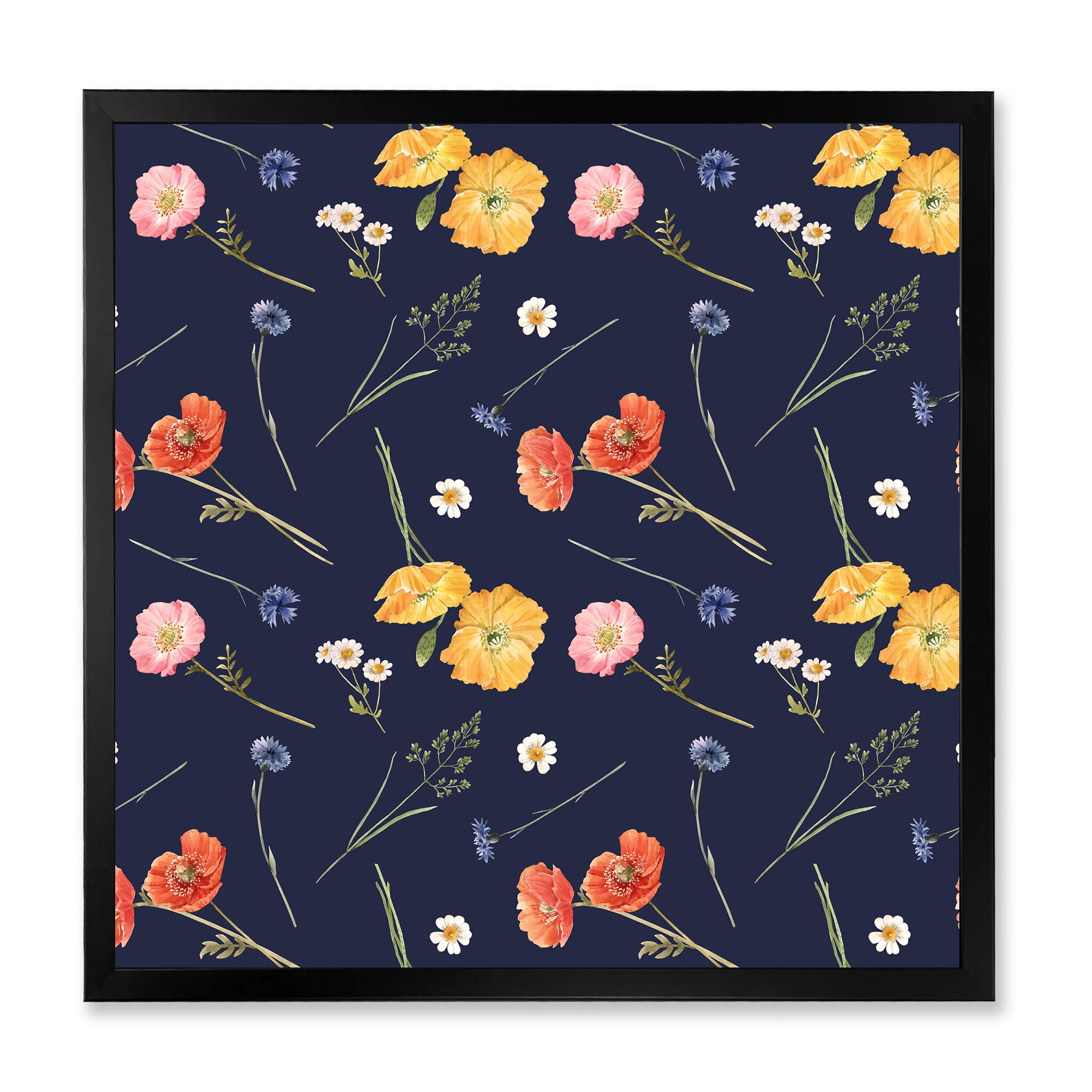 Designart 'Yellow and Orange Wild Flowers On Dark Blue' Traditional Framed Art Print
