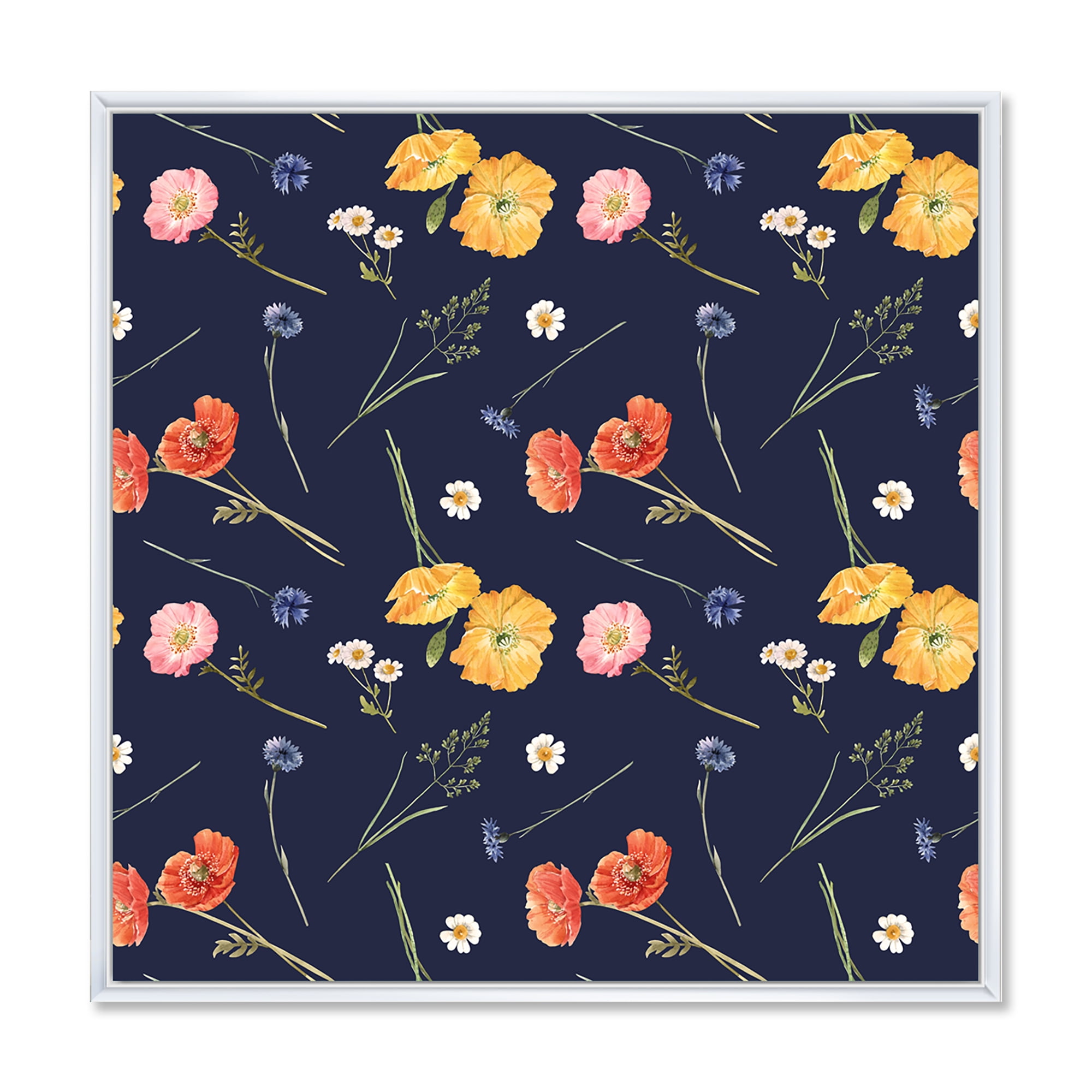 Designart 'Yellow and Orange Wild Flowers On Dark Blue' Traditional Framed Canvas Wall Art Print