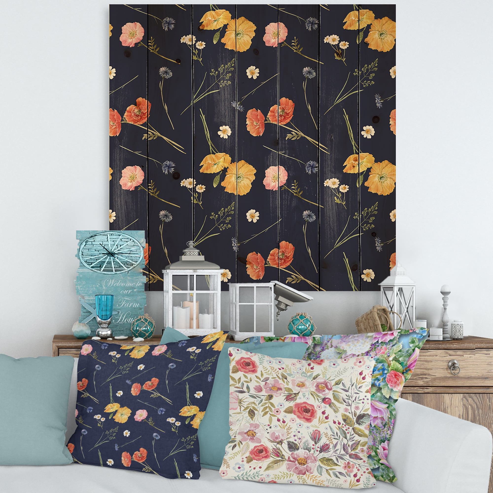 Designart 'Yellow and Orange Wild Flowers On Dark Blue' Traditional Print on Natural Pine Wood