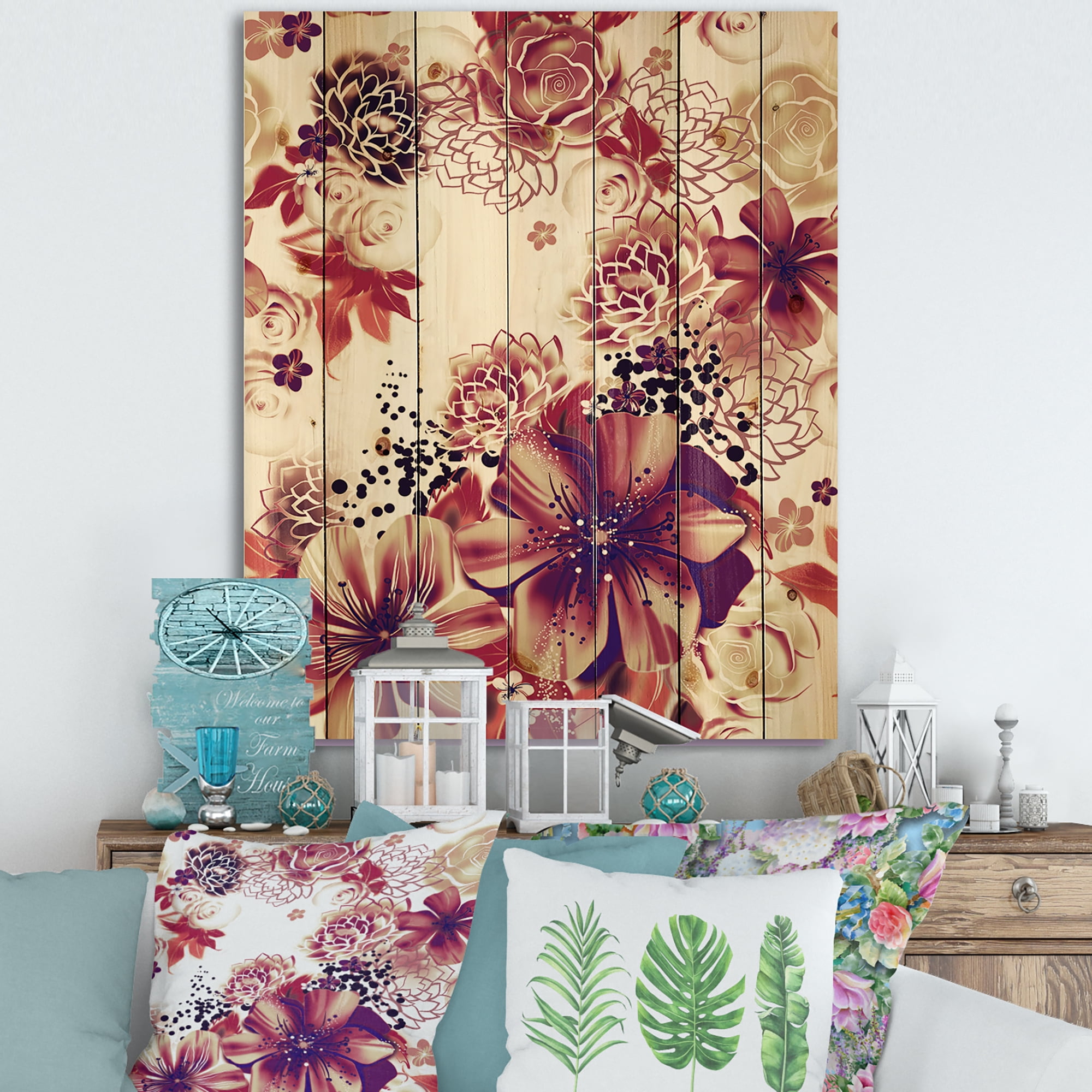 Designart 'Yellow and Pink Flowers Retro' Traditional Print on Natural Pine Wood