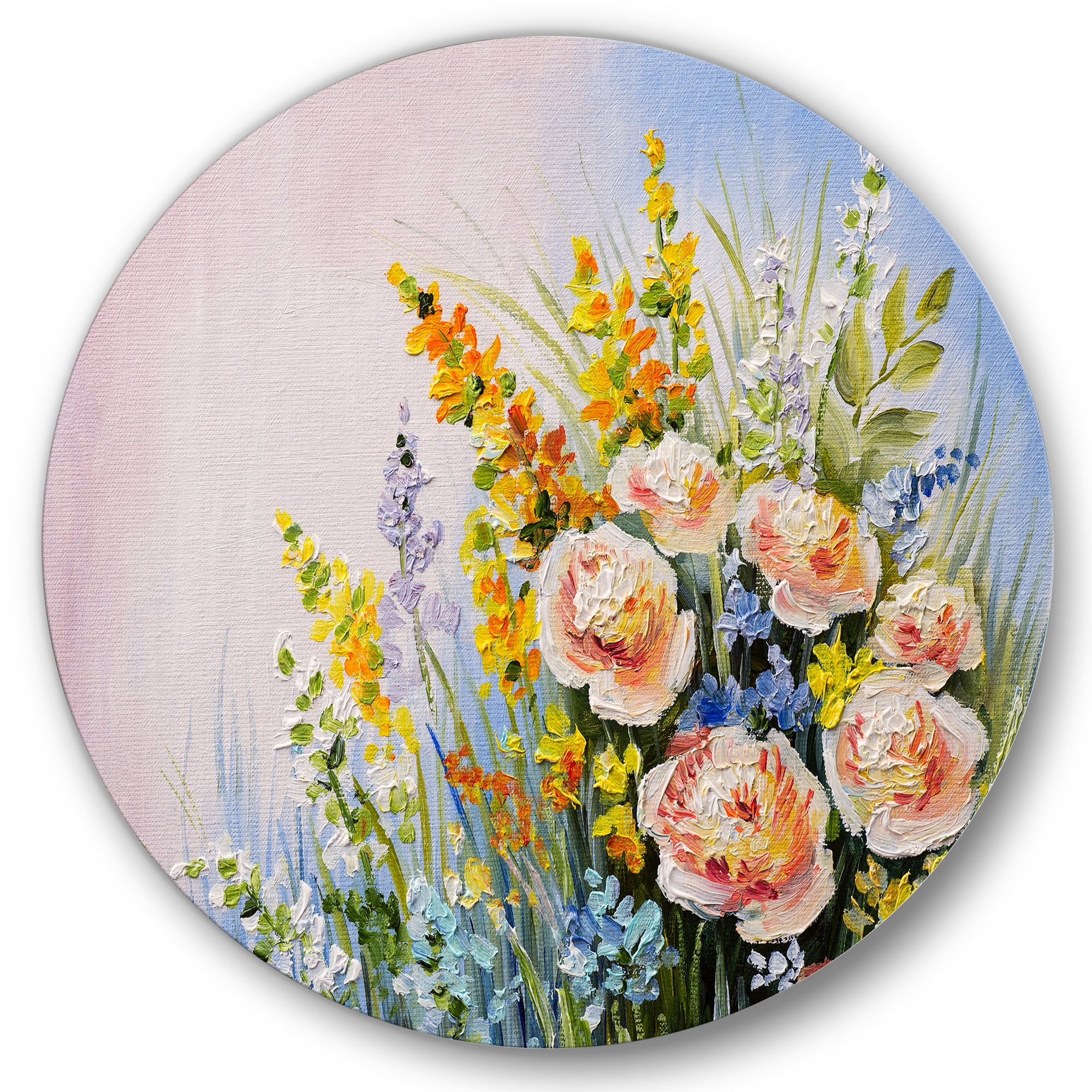 Designart 'Yellow and Pink Summer Wildflowers' Traditional Circle Metal Wall Art 23x23 - Disc of 23