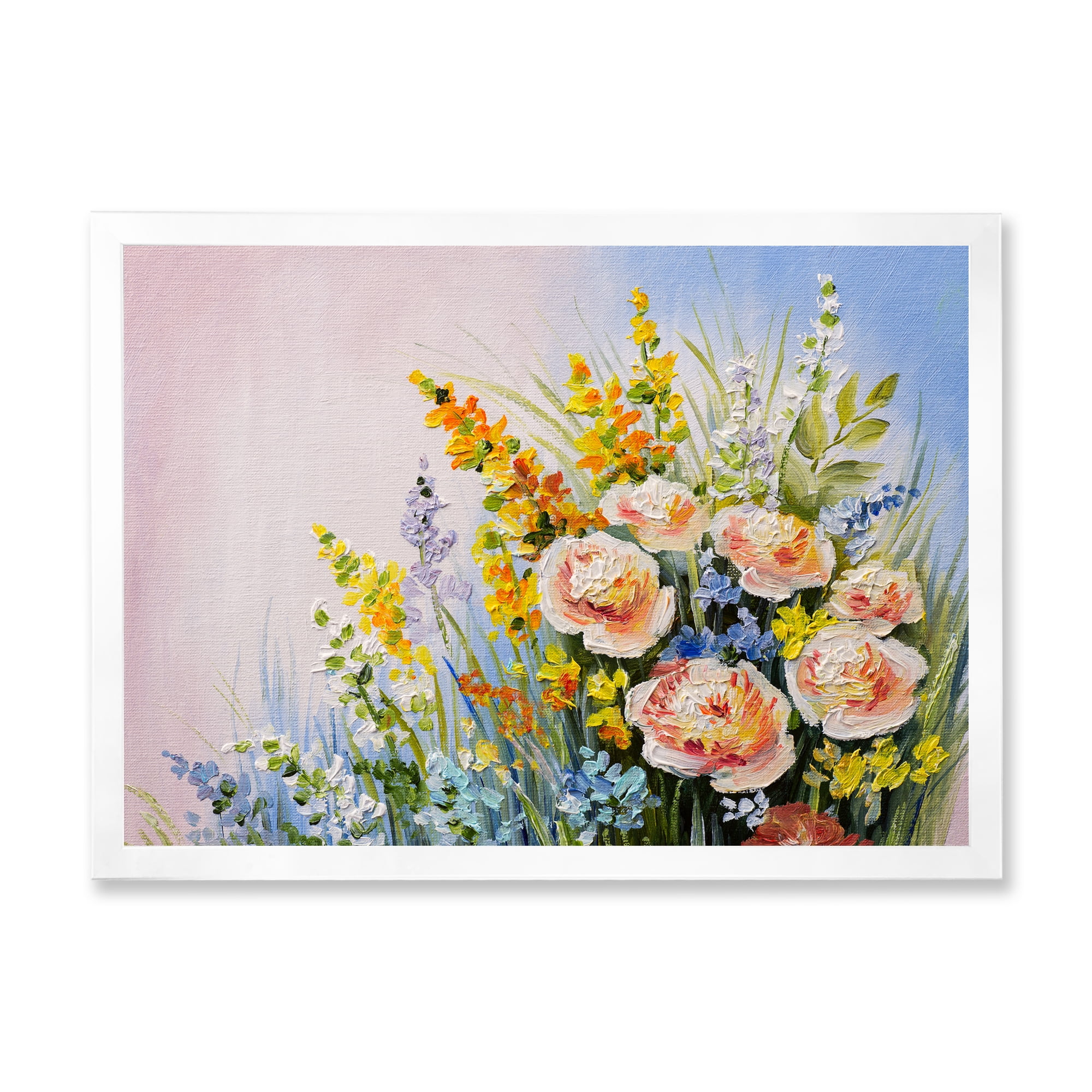 Designart 'Yellow and Pink Summer Wildflowers' Traditional Framed Art Print