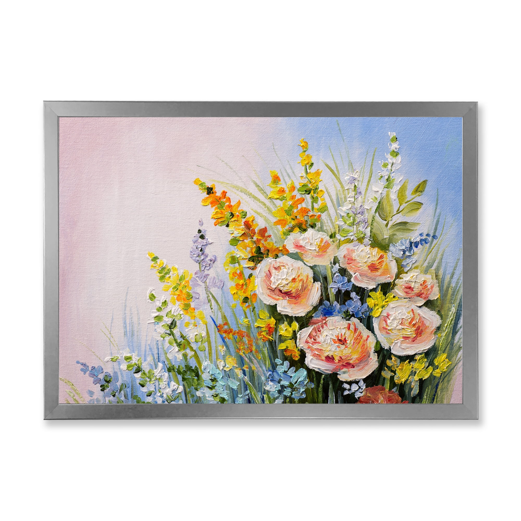 Designart 'Yellow and Pink Summer Wildflowers' Traditional Framed Art Print
