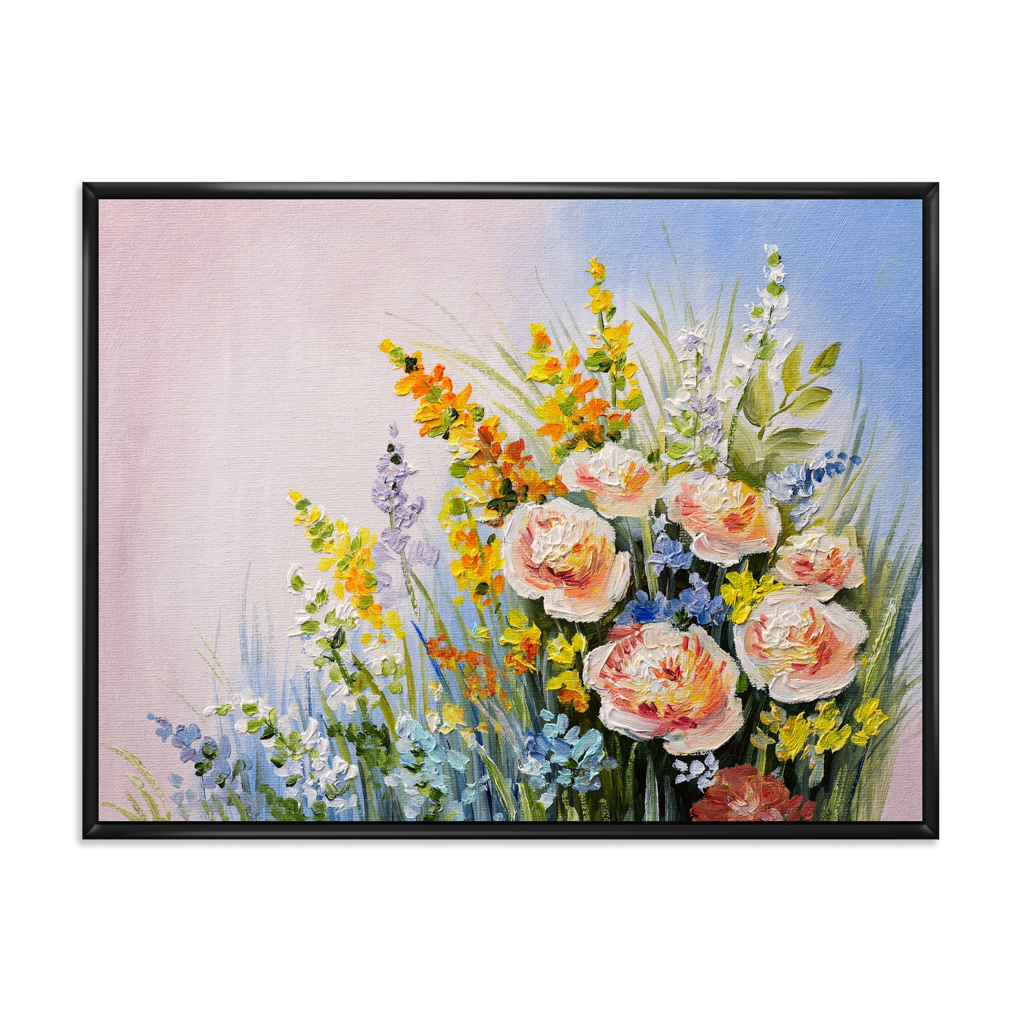Designart 'Yellow and Pink Summer Wildflowers' Traditional Framed Canvas Wall Art Print