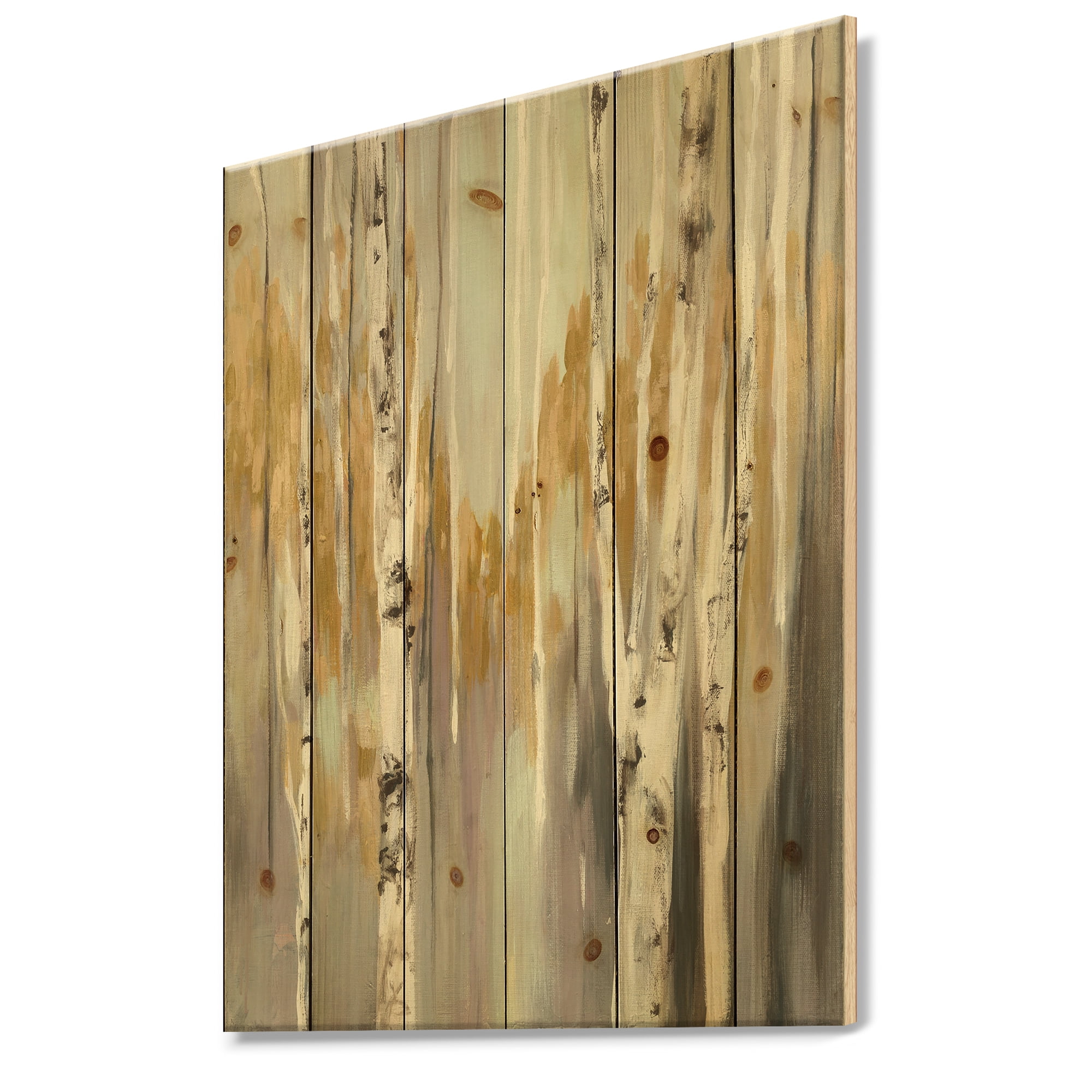 Designart 'Yellow and Silver Birch Forest I' Cottage Print on Natural Pine Wood