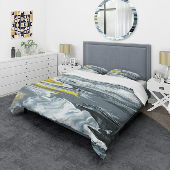 Designart 'Yellow, grey and White Hand Painted Marble Acrylic' Mid-Century Modern Duvet Cover Set