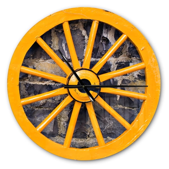 Designart 'Yellow wooden Wagon Wheel Country ' Farmhouse wall clock