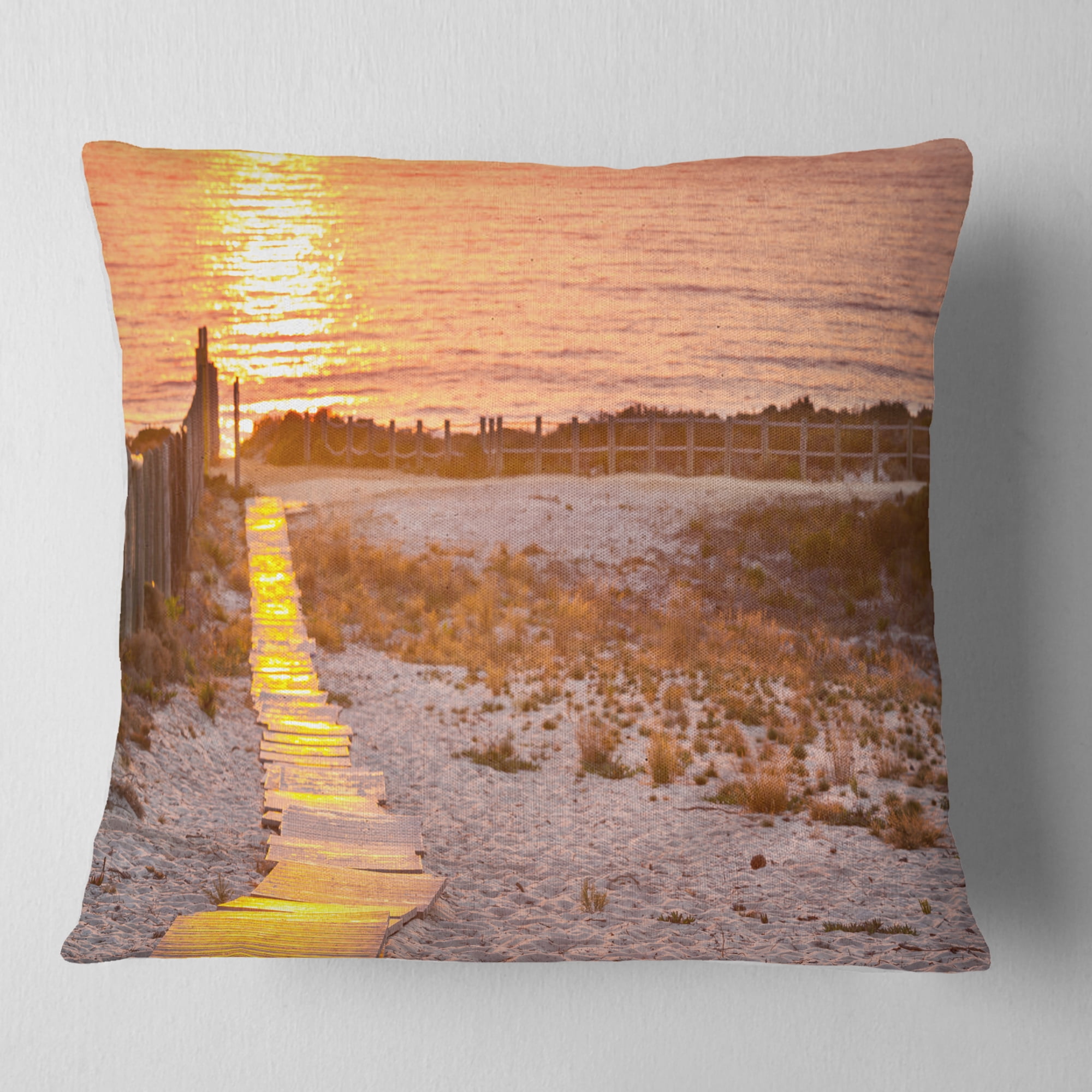 Designart Yellowish Boardwalk into Seashore - Bridge Throw Pillow - 18x18