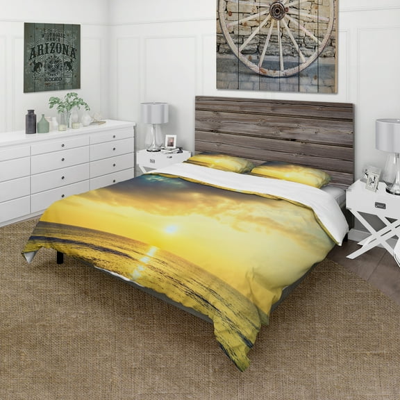 Designart 'Yellowish Sky over Serene Seashore' Seascape Duvet Cover Set