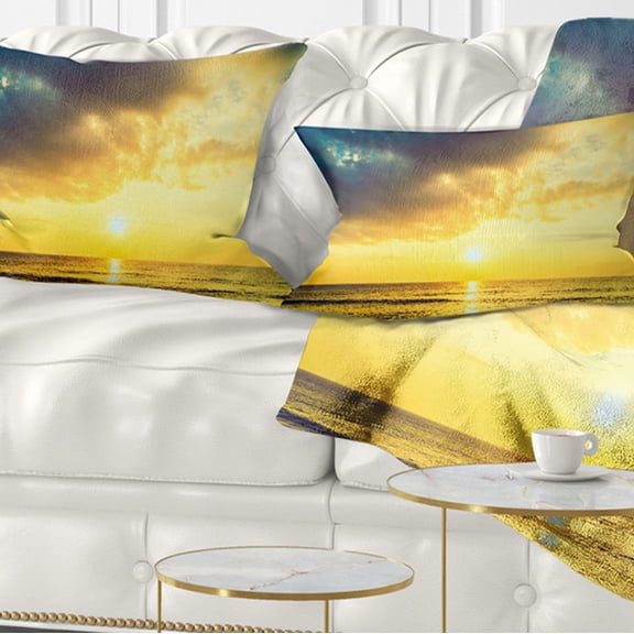 Designart Yellowish Sky over Serene Seashore - Seascape Throw Pillow - 12x20