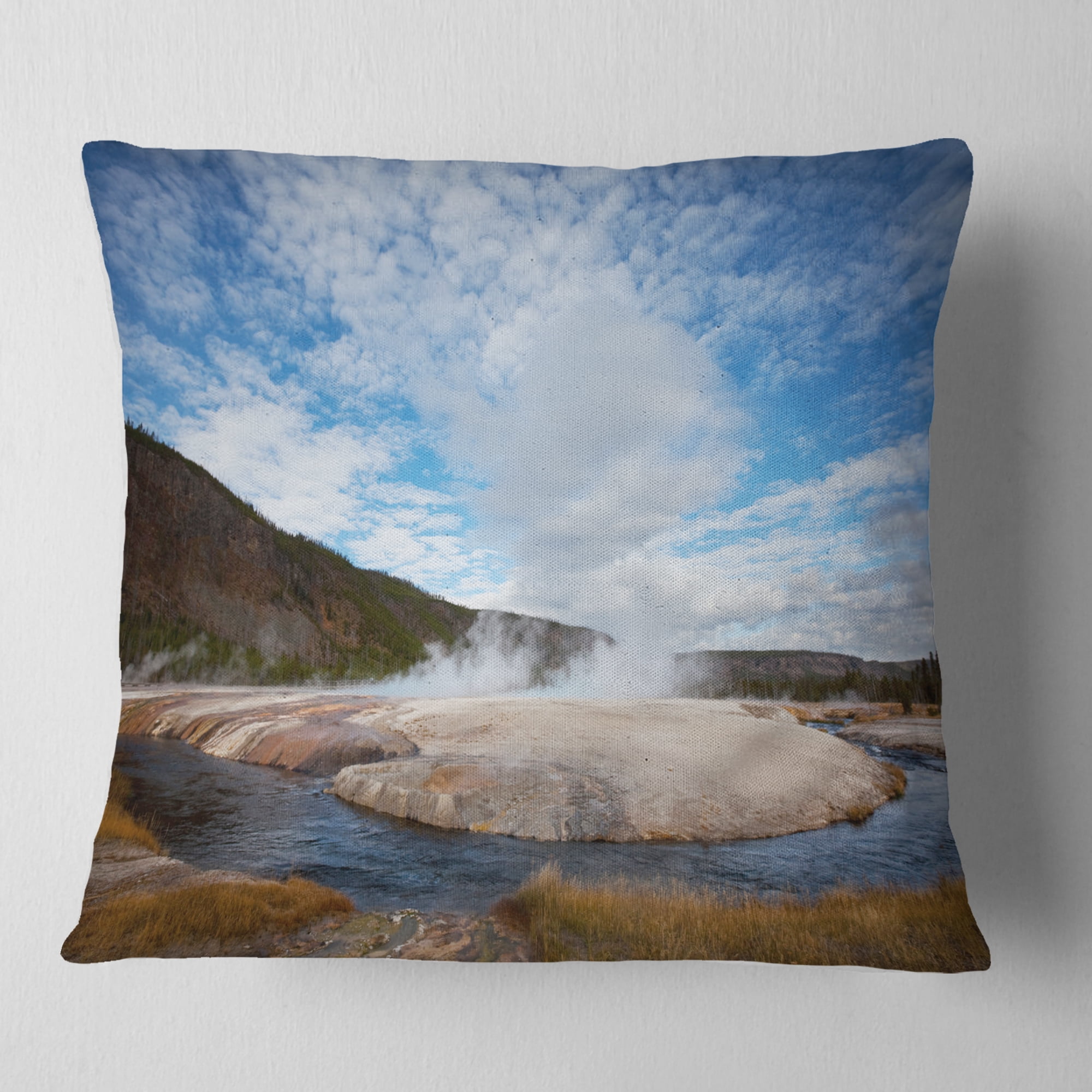 Designart Yellowstone under Bright Clouds - Landscape Printed Throw Pillow - 16x16